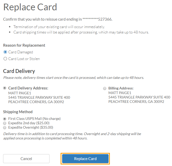 Replace Card Confirmation